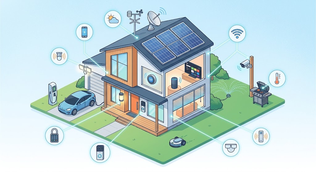 Isometric smart home illustration showing connected devices — cameras, solar panels, EV charger, smart locks, sensors, WiFi, and voice assistant